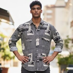 Vintage 80s 90s American Rebel Car Print Long Sleeve Shirt Size Large